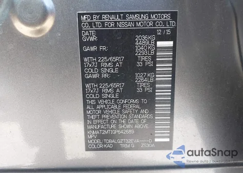 2016 Nissan Rogue Sv z USA, uszkodzony, nr VIN KNMAT2MT1GP642689